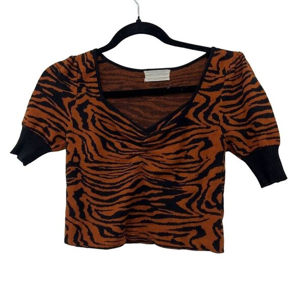 Urban Outfitters‎ UO Zebra Ribbed Puff Sleeve Cropped Sweater XS Orange V-Neck - Picture 1 of 8